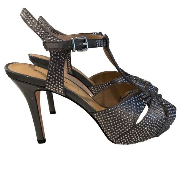Antonio Melani Silver Rhinestone Peep Toe Strap Heels Pumps Stilettos' 10 M - Picture 1 of 8